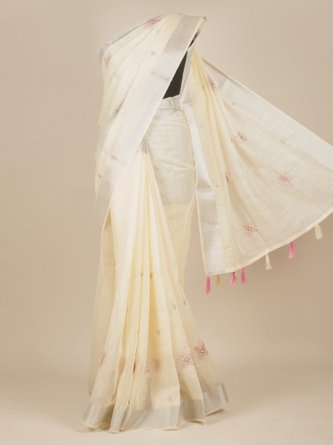 Pothys Cream & Pink Floral Zari Pure Cotton Saree