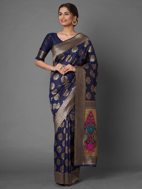 

Mitera Navy Blue & Gold-Toned Ethnic Motifs Zari Silk Blend Banarasi Saree