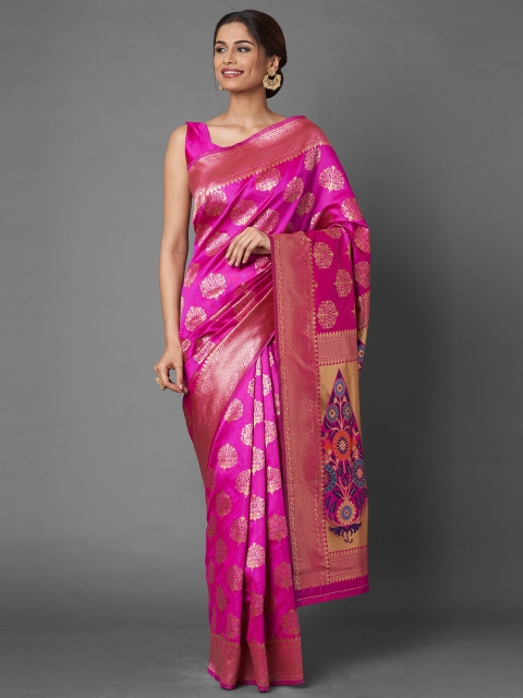 

Mitera Pink & Gold-Toned Woven Design Silk Blend Banarasi Saree