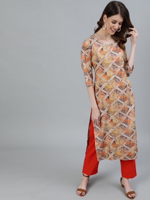 

AASI - HOUSE OF NAYO Women Beige & Grey Geometric Printed Kurta