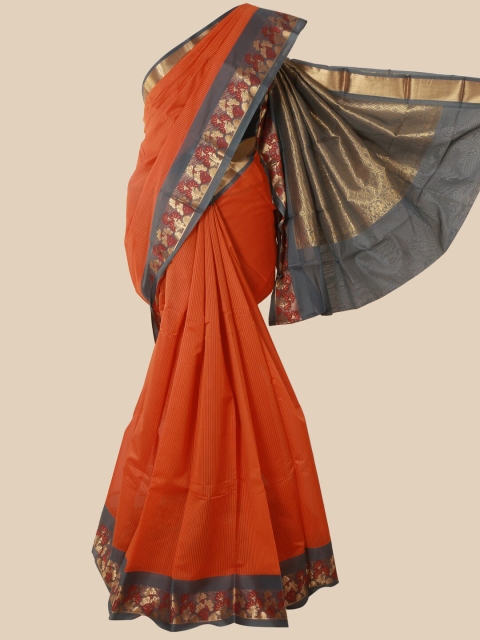 Pothys Orange & Grey Striped Zari Pure Silk Kanjeevaram Saree