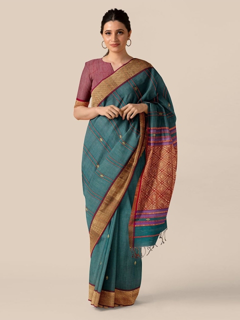 

Taneira Green & Maroon Woven Design Embroidered Tissue Maheshwari Saree