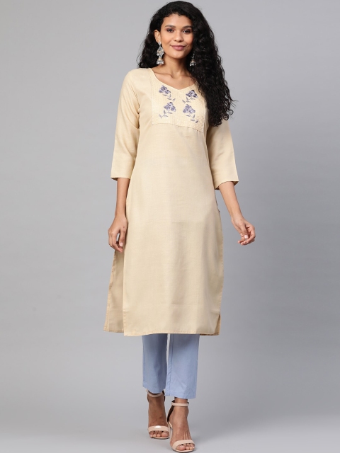 

KSUT Women Beige Floral Yoke Design Thread Work Kurta