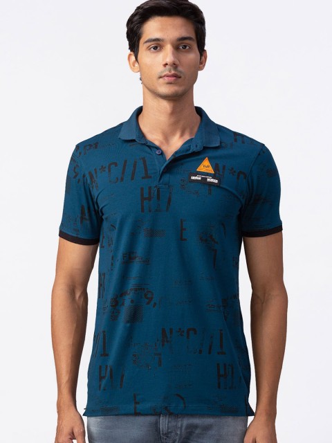 

SPYKAR Men Teal Blue Typography Printed Polo Collar Slim Fit T-shirt
