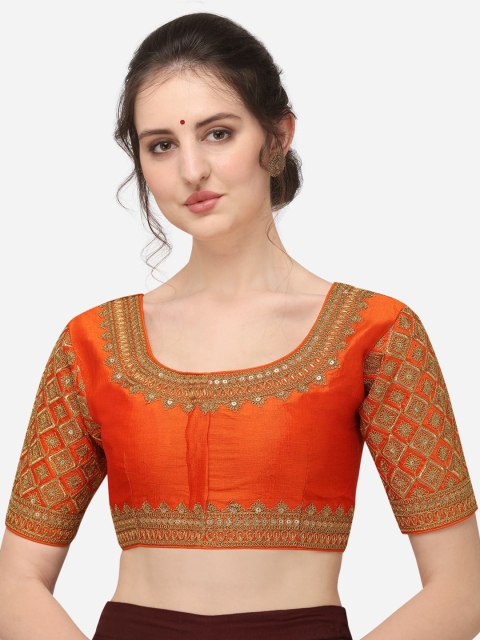 

Fab Dadu Women Orange & Gold-Colored Embroidered Silk Saree Blouse