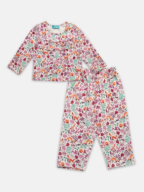 

Tiara Girls White & Pink Printed Pure Cotton Night Suit