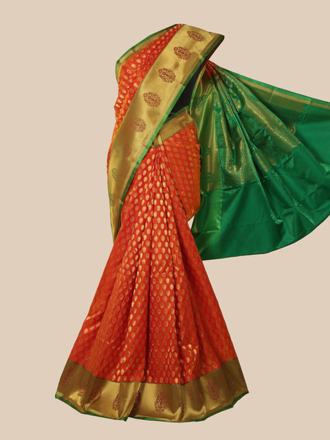 

Pothys Orange & Gold-Toned Ethnic Motifs Zari Satin Banarasi Saree
