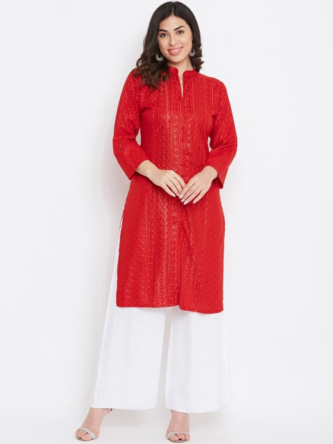 

TULIP 21 Women Red Embroidered Chikankari Kurta with Palazzos