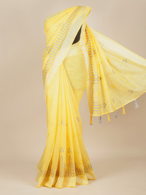 

Pothys Yellow & Silver Coloured Ethnic Motifs Embroidered Pure Cotton Saree