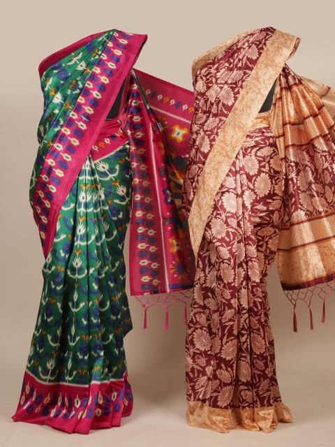 

Pothys Green & Brown Floral Jute Silk Saree-Pack of 2