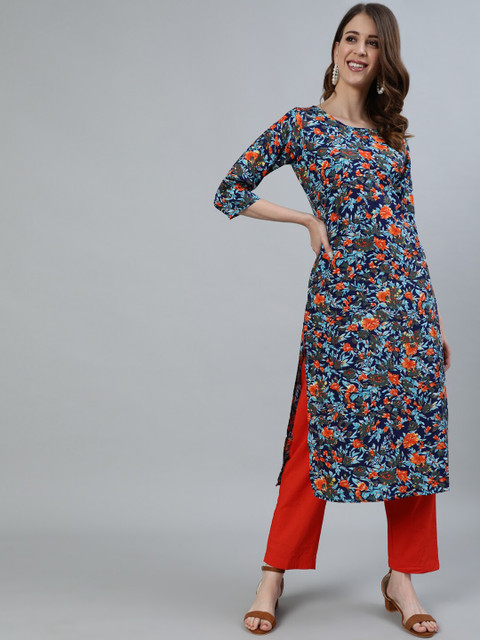 

AASI - HOUSE OF NAYO Women Blue Floral Printed Crepe Kurta