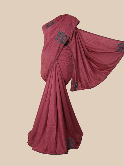 

Pothys Maroon & Gold-Toned Embellished Beads and Stones Art Silk Saree