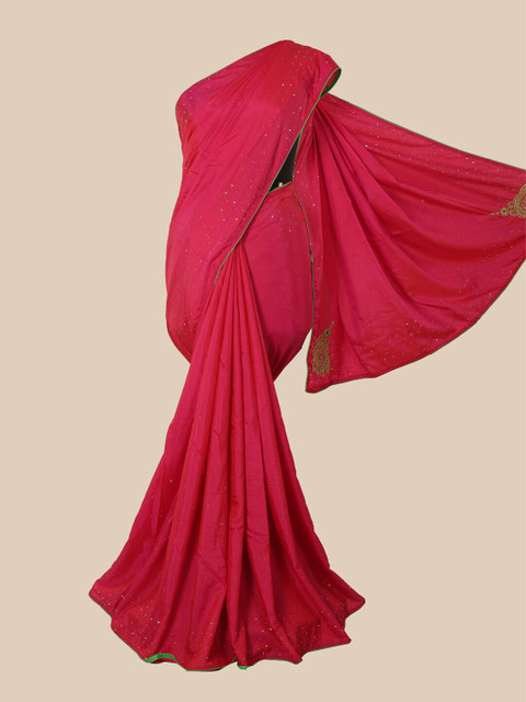 

Pothys Pink & Green Embellished Beads and Stones Art Silk Saree