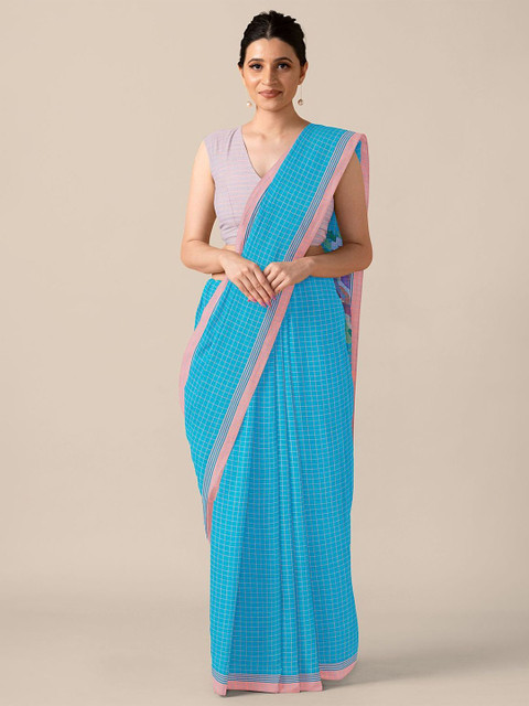 

Taneira Turquoise Blue & Pink Checked Pure Cotton Saree