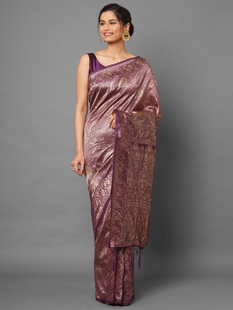 

Mitera Burgundy & Gold-Toned Woven Design Zari Silk Blend Banarasi Saree