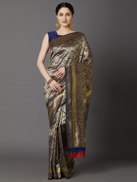 

Mitera Navy Blue & Gold-Toned Ethnic Motifs Zari Silk Blend Banarasi Saree