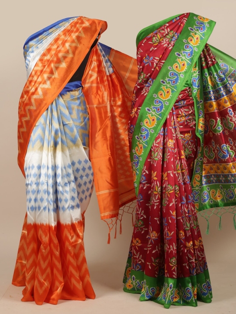 

Pothys Women Pack Of 2 - Cream Coloured & Orange Floral Jute Silk Saree
