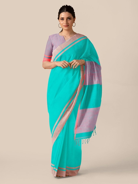 

Taneira Sea Green & Pink Zari Pure Cotton Taant Saree