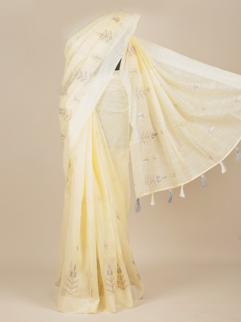 

Pothys Women Cream Floral Embroidered Pure Cotton Saree with Tasseled Pallu