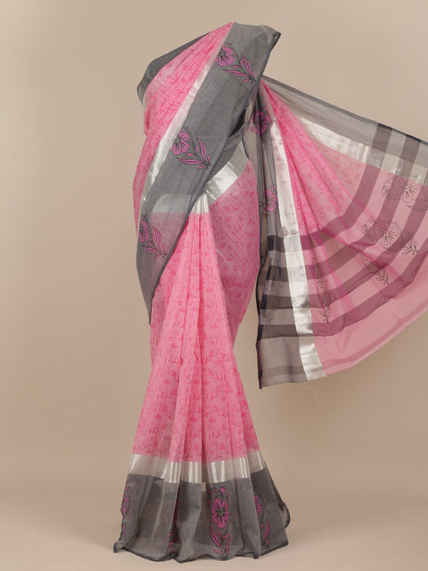 

Pothys Pink & Grey Floral Zari Saree