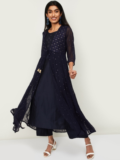 

Melange by Lifestyle Women Navy Blue Embroidered Layered Kurta with Palazzos