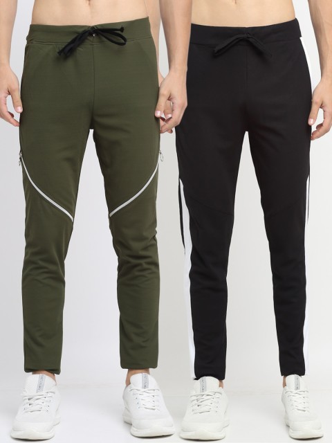 

NEUDIS Men Pack of 2 Black & Olive Solid Structured Slim-Fit Track Pants