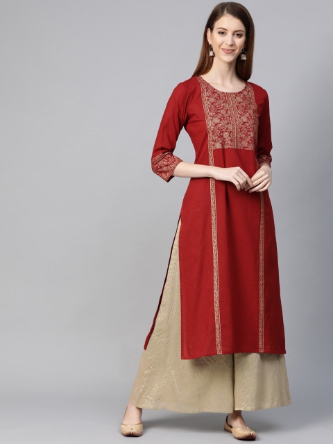 

KSUT Women Maroon Ethnic Motifs Yoke Design Kurta