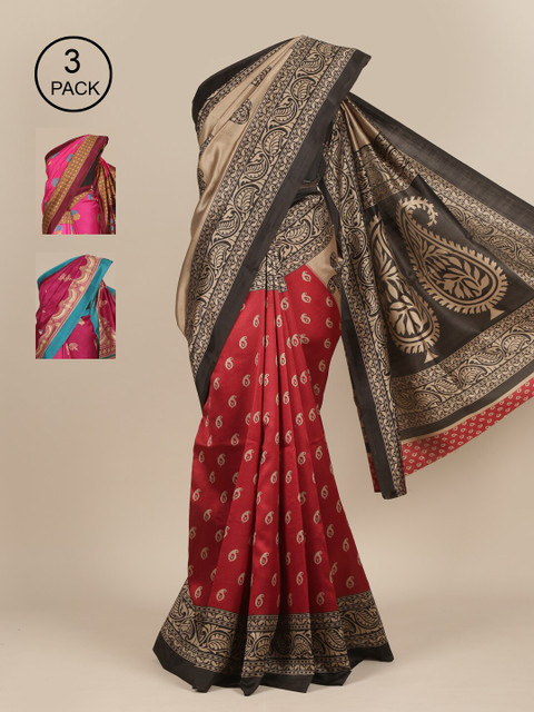 

Pothys Red & Black Pack of 3 Ethnic Motifs Jute Silk Sarees