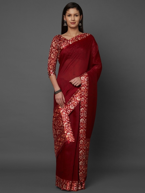 

Mitera Maroon Floral Linen Blend Saree