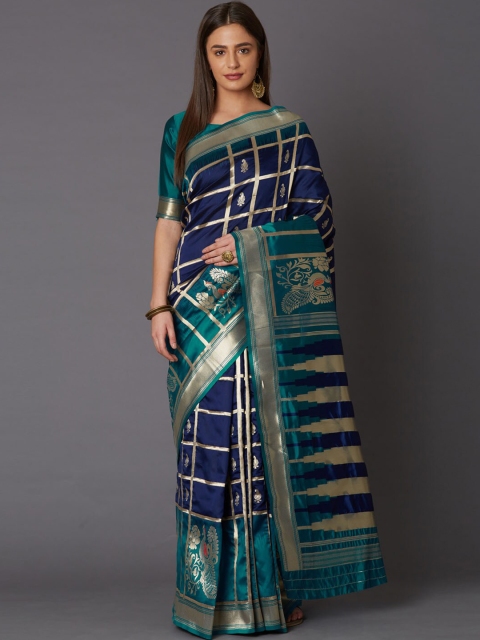 

Mitera Navy Blue & Gold-Toned Woven Design Zari Silk Blend Saree