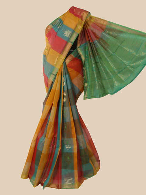 

Pothys Green & Red Checked Zari Pure Silk Kanjeevaram Saree