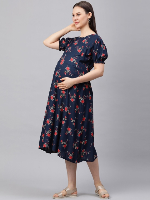 

MomToBe Women Navy Blue & Red Floral Printed A-Line Midi Length Maternity Dress