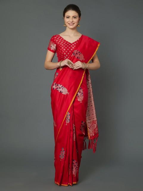 

Mitera Red & Blue Ethnic Motifs Gotta Patti Silk Blend Saree