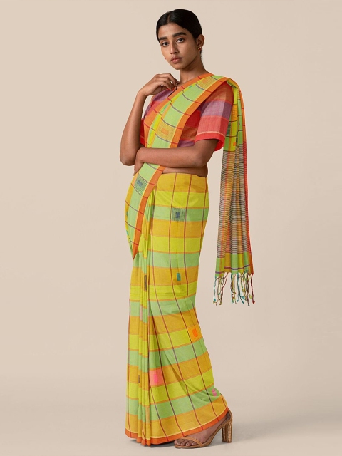 

Taneira Yellow & Green Checked Pure Cotton Saree