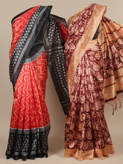 

Pothys Pack of 2 Red & Maroon Floral printed Jute Silk Saree