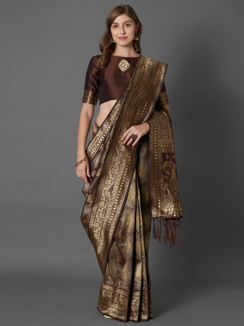 

Mitera Brown Ethnic Motifs Zari Silk Blend Banarasi Saree