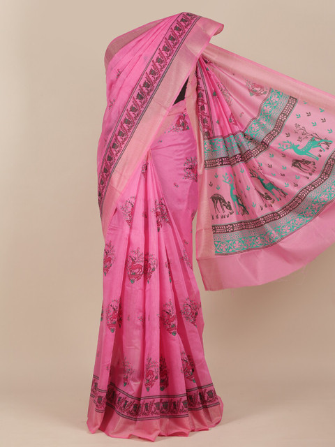 

Pothys Pink & Green Ethnic Motifs Zari Saree