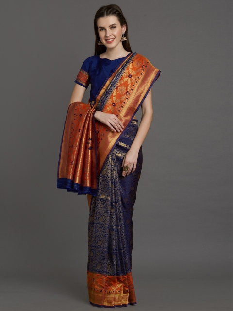 

Mitera Navy Blue & Orange Woven Design Silk Blend Banarasi Saree