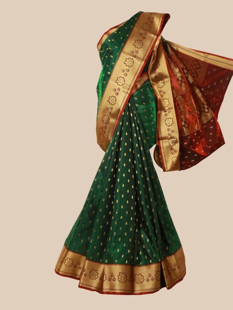 

Pothys Green & Gold-Toned Ethnic Motifs Satin Banarasi Saree