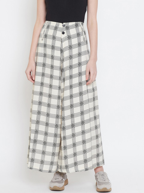 

TULIP 21 Women Off-White and Black Checked Flared High-Rise Parallel Trousers