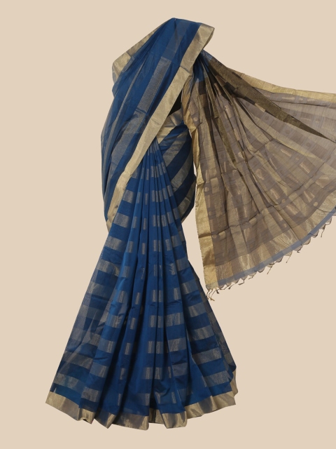 

Pothys Blue & Gold-Toned Striped Zari Pure Silk Maheshwari Saree