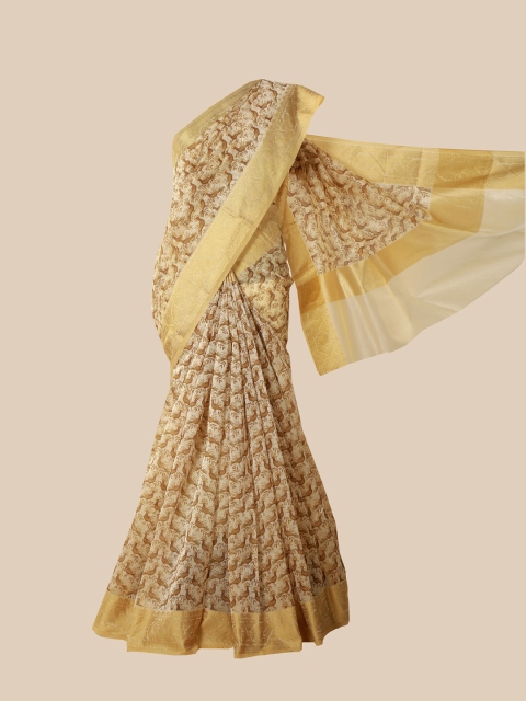 

Pothys Cream & Brown Ethnic Motifs Zari Supernet Saree