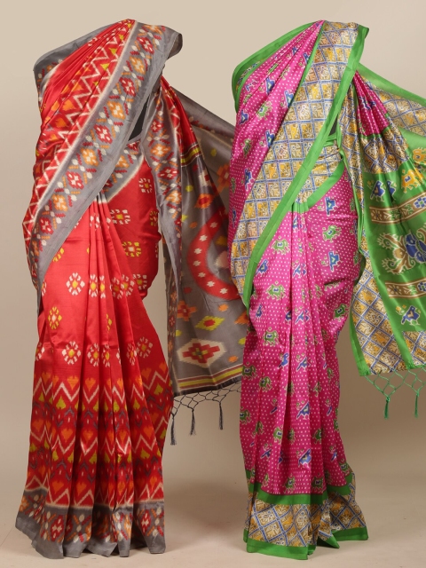 

Pothys Pack of 2 Red & Pink Printed Jute Silk Saree