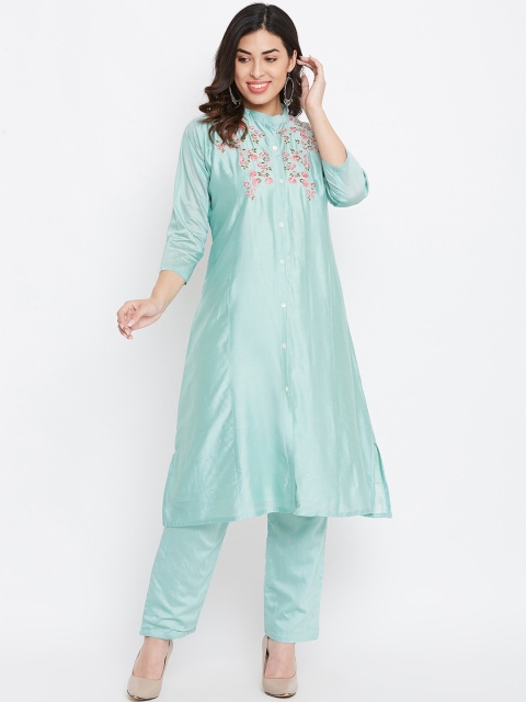 

TULIP 21 Women Sea Green Floral Embroidered Kurta with Trousers
