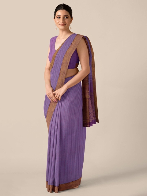 

Taneira Violet & Gold-Toned Striped Pure Cotton Mangalagiri Saree