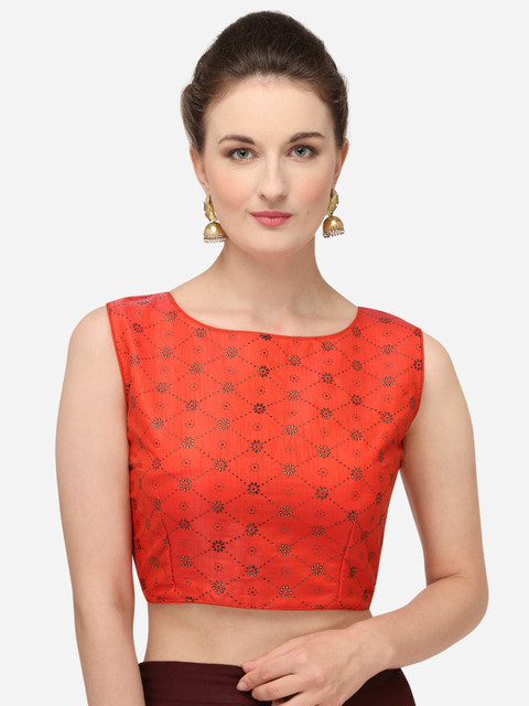 

Fab Dadu Women Orange & Black Printed Silk Saree Blouse