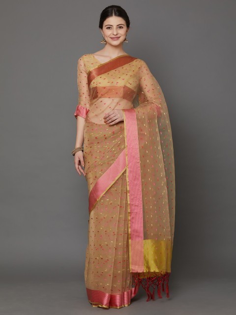 

Mitera Peach Ethnic Motifs Zari Organza Heavy Work Saree