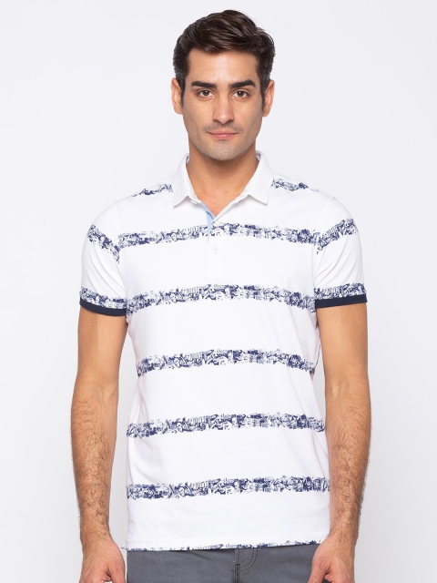 

SPYKAR Men White Striped Polo Collar Slim Fit T shirt