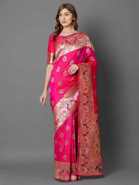 

Mitera Pink & Gold-Toned Woven Design Zari Silk Blend Banarasi Saree