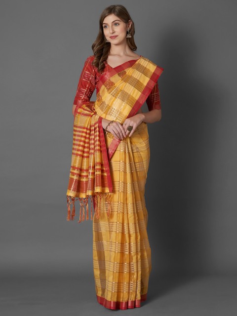 

Mitera Yellow & Red Checked Zari Linen Blend Saree